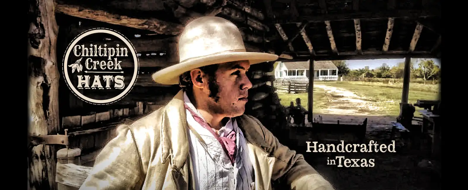 Cowboy at Rusk Plantation; wearing custom Chiltipin Creek hat.